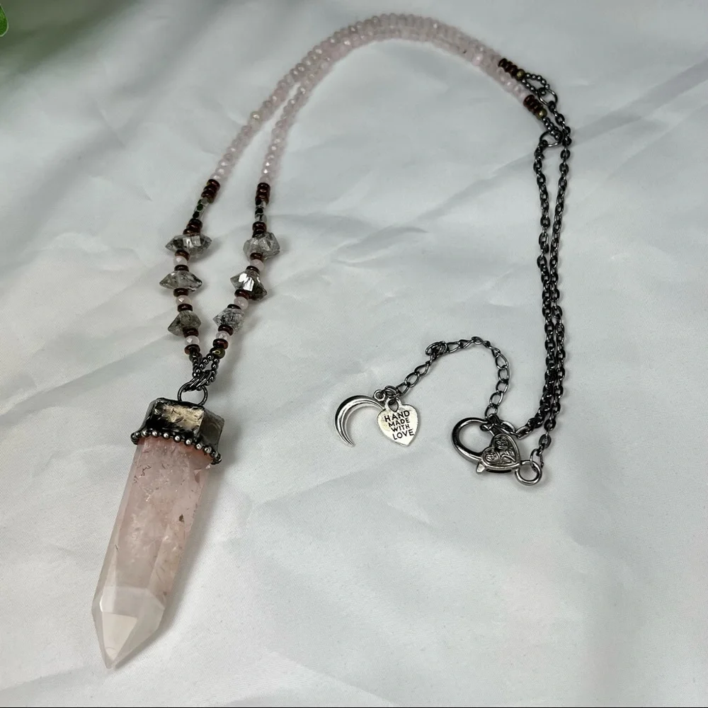 Herkimer Diamond & Rose Quartz Point Crystal Beaded Necklace - Picture 8 of 12